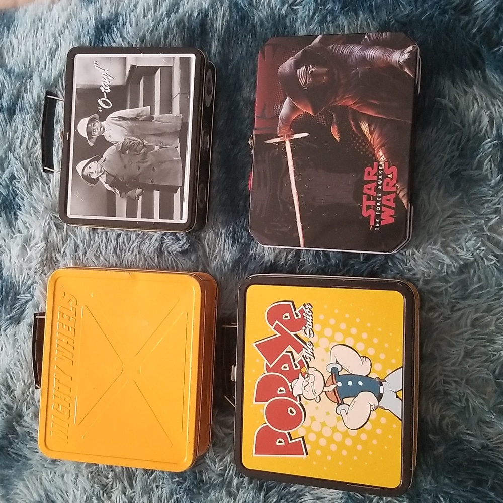 5 metal  lunch boxes.  Popeye,  Star wars x2 , Matchbox and Little Rascal